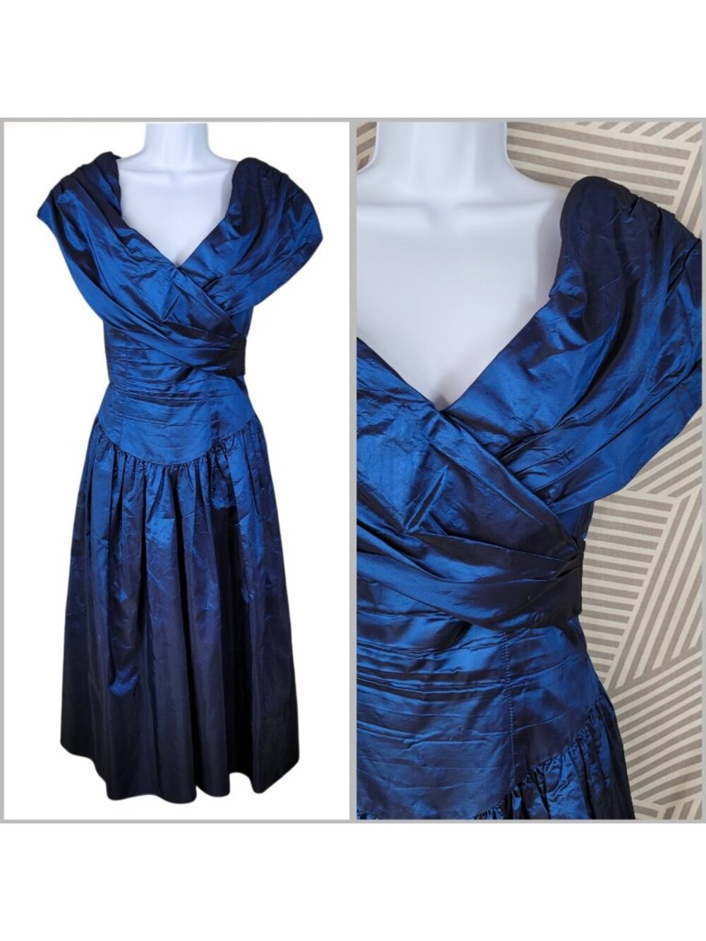 Taffeta Formal Dress Size 6/8/10 Holiday Ball Gown Blue Wrap Midi Vintage 80s